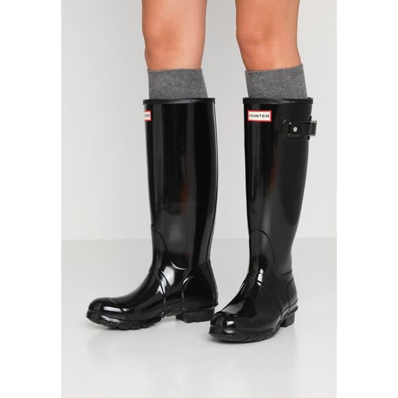 Hunter Women's 11 Black Gloss Original Tall Rain Boots Pull On Waterproof LE6-13 - Picture 1 of 7